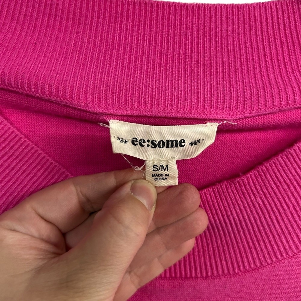 Hot Pink Balloon Sleeve Sweater S/M Ribbed Collar Bold Feminine Statement - Picture 4 of 7